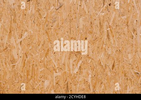 Oriented strand board. A close-up of a board made of pressed sawdust. Stock Photo