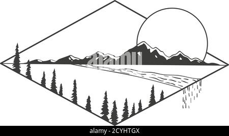 Mountains, ocean and sun in a rhombus. Stock Vector
