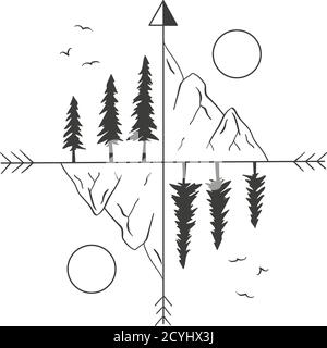 Mountains, forest, sun directions of the compass. Stock Vector