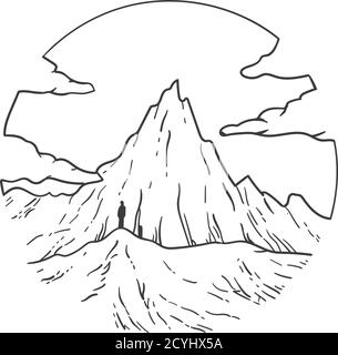 Mountain and clouds inscribed in a circle. Stock Vector