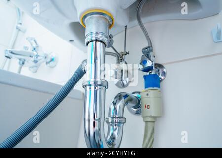 plumbing drain pipe In bathroom Stock Photo