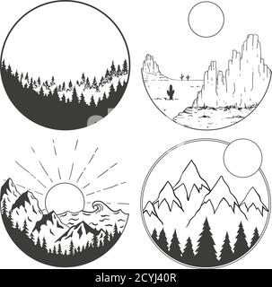 Mountains, sun, and clouds in geometric shapes. Stock Vector