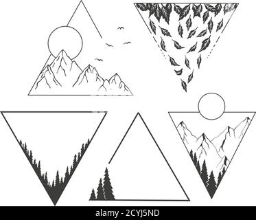 Mountains, forest, and sun in geometric shapes. Stock Vector