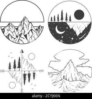 Mountains, sun and clouds in geometric shapes. Stock Vector
