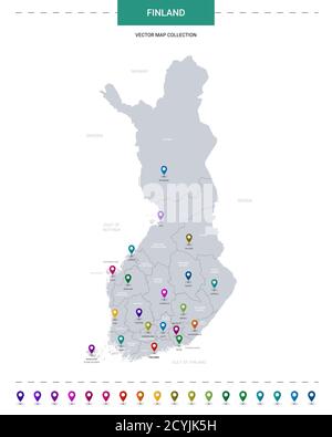 Finland map with location pointer marks. Infographic vector template, isolated on white background. Stock Vector