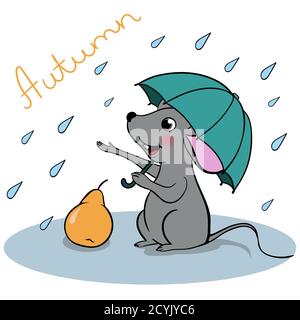 The mouse under an umbrella on a rainy day. vector illustration on a white background Stock Vector