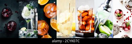 Alcoholic cocktails with strong drinks, soda, berries and fruit in assortment. Close-up. Photo collage Stock Photo