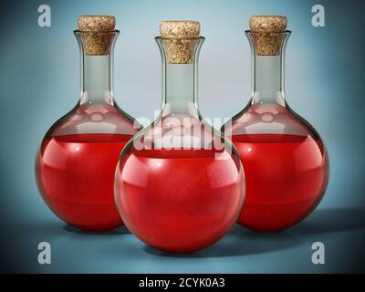 Health potions standing on green blue background. 3D illustration. Stock Photo