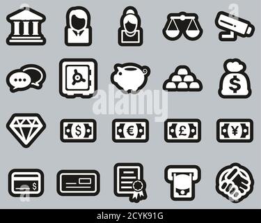 Bank Icons White On Black Sticker Set Big Stock Vector