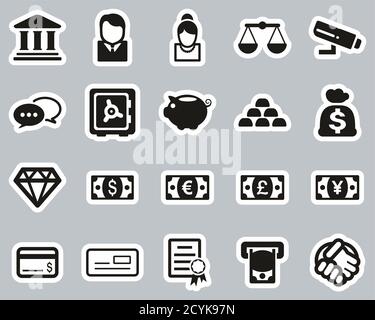 Bank Icons Black & White Sticker Set Big Stock Vector