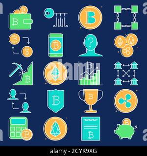 Cryptocurrency transactions icon set in line style Stock Vector