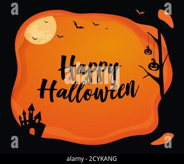 The vector medium rectangle banner size Halloween orange word, background with black layer border, moon, bat, pumpkin Stock Vector