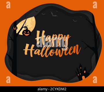 The vector medium rectangle banner size Halloween gradient orange word, background with black layer border, moon, bat, pumpkin Stock Vector