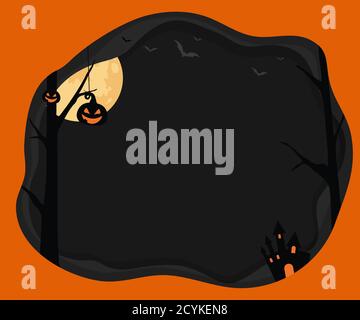 The vector medium rectangle banner size Halloween template background with black layer border, moon, bat, pumpkin Stock Vector