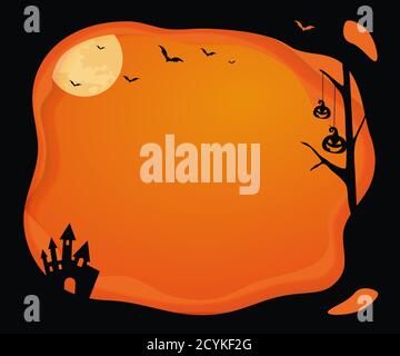 The vector medium rectangle banner size Halloween template background with black layer border, moon, bat, pumpkin Stock Vector