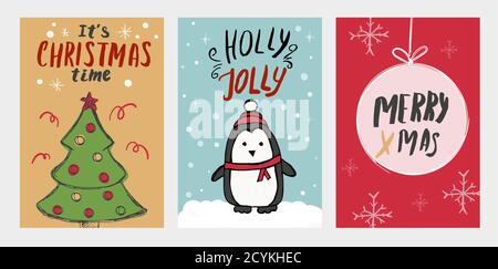 Set of Christmas cards with hand drawn elements Stock Vector