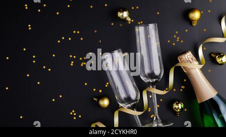 Christmas or New Year eve celebration concept. Champagne bottle and glasses with balls decorations and golden confetti on black background. Flat lay, Stock Photo