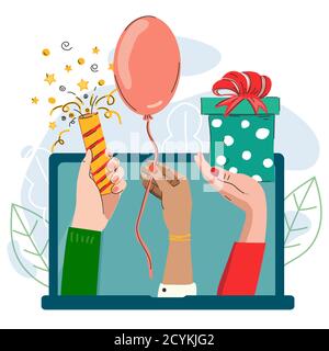 Hands holding party attributes on laptop screen. Stock Vector
