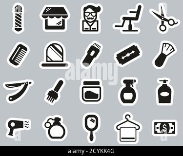 Barber Or Barber Shop Icons Black & White Sticker Set Big Stock Vector