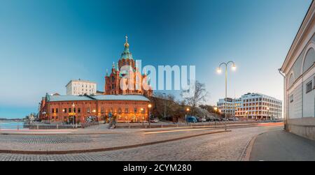 Helsinki, Finland. Uspenski Cathedral In Evening Illuminations Lights. Eastern Orthodox Cathedral Dedicated To Dormition Of The Theotokos - Virgin Stock Photo