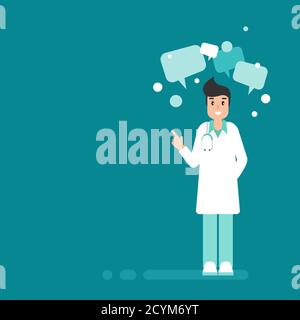 Man doctor with speech bubbles on blue background. Medical internet consultation. Healthcare consulting web service. Hospital support online. Computer Stock Vector