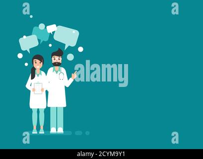 Doctors with speech chat bubbles on blue background. Medical internet consultation. Healthcare consulting web service. Hospital support online. Comput Stock Vector