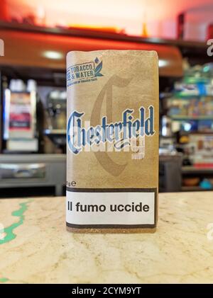 ROME, ITALY - JUNE 11, 2015. Chesterfield Roll Your Own, Tobacco Pouch on a  bar counter. Rolling Tobacco is popular where smokers roll their own cigar  Stock Photo