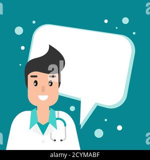 Man doctor with big speech bubble on blue background. Medical internet consultation. Healthcare consulting web service. Hospital support online. Compu Stock Vector