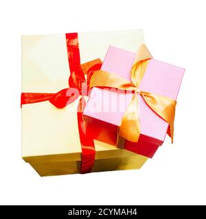 Gold and red gift boxes with ribbons on isolated background Stock Photo