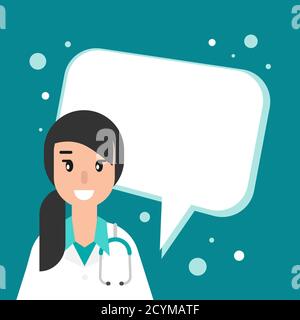 Man doctor with big speech bubble on blue background. Medical internet consultation. Healthcare consulting web service. Hospital support online. Compu Stock Vector