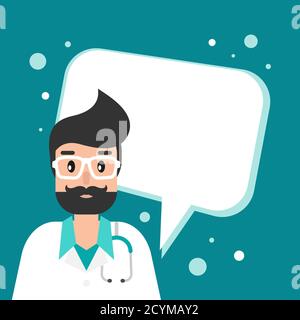 Man doctor with big speech bubble on blue background. Medical internet consultation. Healthcare consulting web service. Hospital support online. Compu Stock Vector