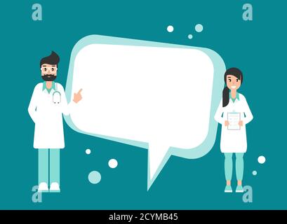 Doctors with big speech bubble on blue background. Medical internet consultation. Healthcare consulting web service. Hospital support online. Computer Stock Vector