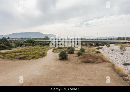 The Gudalhorce Natural Park Guadalhorce. with highway at endAndalusia, Malaga, Spain. Stock Photo