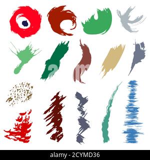 A set of colored brush strokes and spots. Elements isolated on white background. Stock Vector
