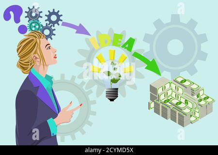 Businesswoman thinking about money idea. Vector illustration concept with gears and gears above her head, arrow lamp idea, and a final lot of money bi Stock Vector