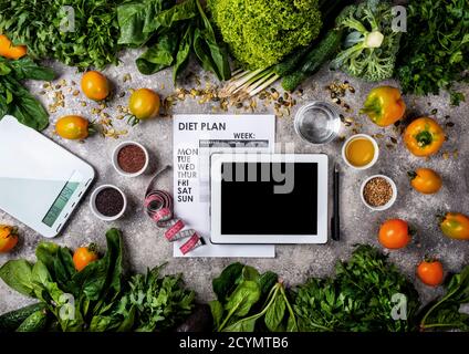 Healthy eating and weight loss concept. Tablet computer Diet plan and set of clean food. Stock Photo