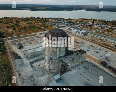 Aerial view of demolition site. Process of demolition of old industrial building Stock Photo