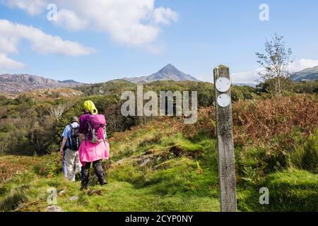 Hikers hikings on footpath in Snowdonia National Park hills with path sign and Cnicht mountain peak in distance. Croesor, Gwynedd, Wales, UK, Britain Stock Photo