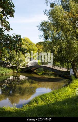 View of the scene of a small bridge over a forest river Stock Photo