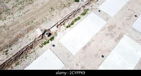 view from above of concrete base and ground work for caravan home under construction and development Stock Photo