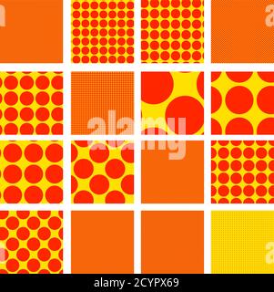 Pop-art seamless circles, dots tiles. Contemporary 1950s. 1960s art background set Stock Vector