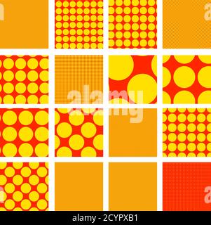 Pop-art seamless circles, dots tiles. Contemporary 1950s. 1960s art background set Stock Vector