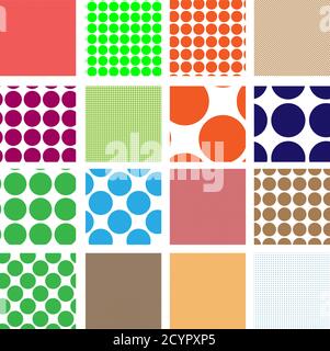 Set of 16 colorful dots, circles backgrounds, patterns. Seamlessly repeatable polka-dots, speckles, stippling, pointillist backgrounds Stock Vector