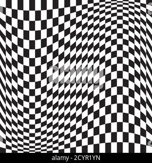 Wavy, waving version Checkered, chequered, chessboard surface with distortion, deformation effect. Distort, deform squares background, pattern. Stock Vector