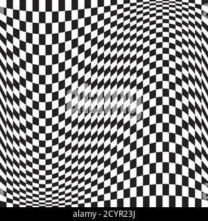 Wavy, waving version Checkered, chequered, chessboard surface with distortion, deformation effect. Distort, deform squares background, pattern. Stock Vector