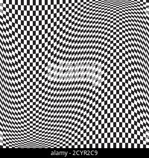 Wavy, waving version Checkered, chequered, chessboard surface with distortion, deformation effect. Distort, deform squares background, pattern. Stock Vector