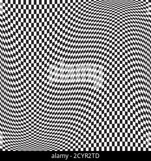 Wavy, waving version Checkered, chequered, chessboard surface with distortion, deformation effect. Distort, deform squares background, pattern. Stock Vector