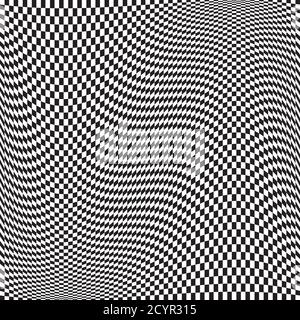 Wavy, waving version Checkered, chequered, chessboard surface with distortion, deformation effect. Distort, deform squares background, pattern. Stock Vector