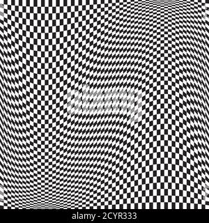 Wavy, waving version Checkered, chequered, chessboard surface with distortion, deformation effect. Distort, deform squares background, pattern. Stock Vector