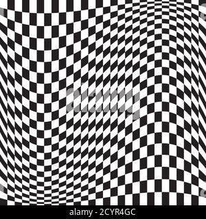 Wavy, waving version Checkered, chequered, chessboard surface with distortion, deformation effect. Distort, deform squares background, pattern. Stock Vector